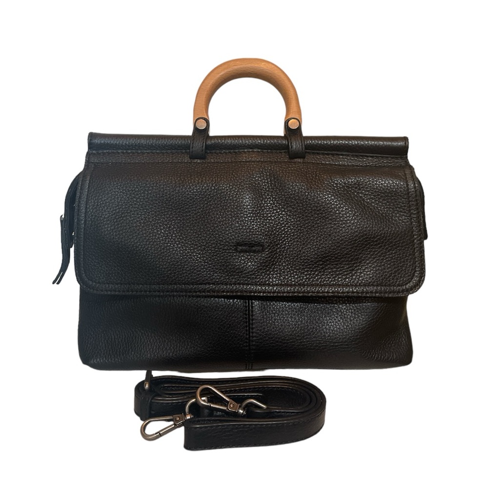 Genuine leather crossbody handbag with wooden top handle